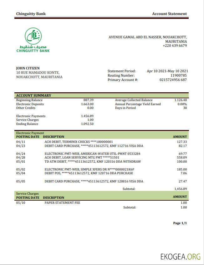 Relevé de la Banque Chinguitty de Mauritanie